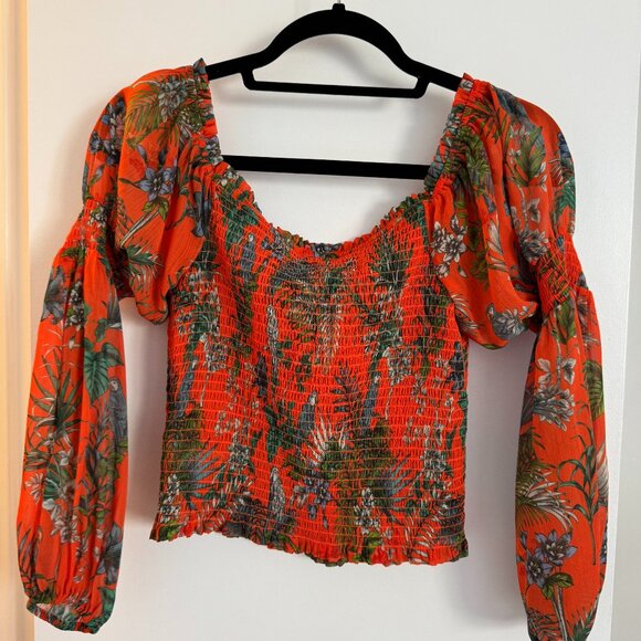 NWT- L AGENCE - Cece Smocked Off Shoulder Top In Orange Multi Parrot - Picture 2 of 6